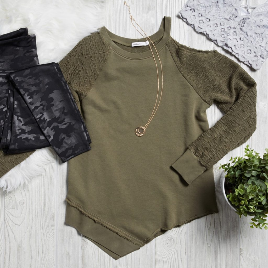 sexy sweatshirt green with asymmetrical hem and shoulder cut out
