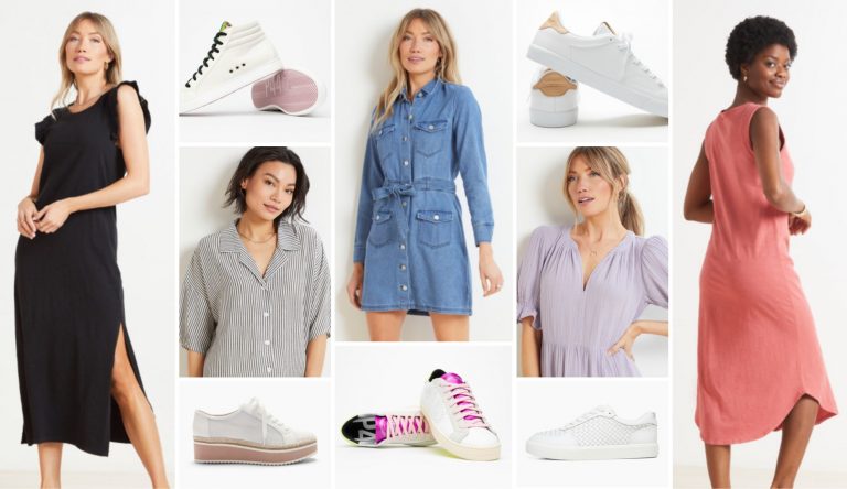 collage of women wearing dresses and sneakers.